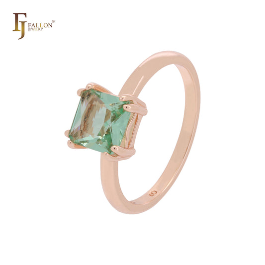 Anillos de compromiso solitarios de oro rosa con circonita cúbica y corte cojín verde manzana