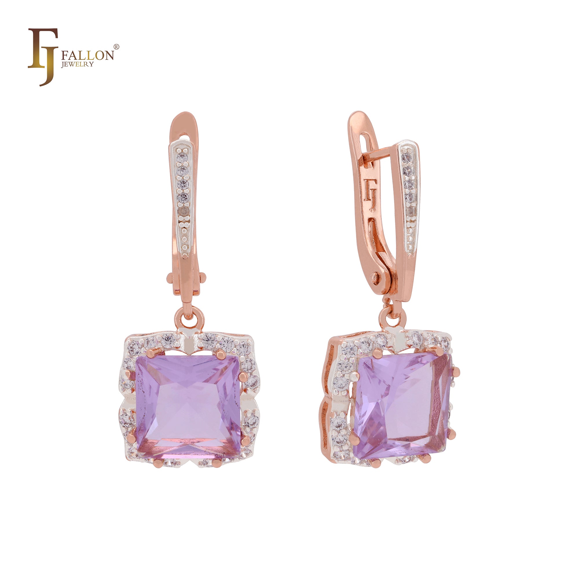 Luxurious asscher cut big Solitaire halo CZ Rose Gold two tone Russian Lock Earrings
