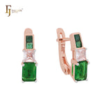 Squared CZs cluster colorful 14K Gold, Rose Gold Russian Lock Earrings