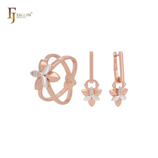 Double crosses of clover leaves flower Rose Gold two tone Jewelry Set with Rings