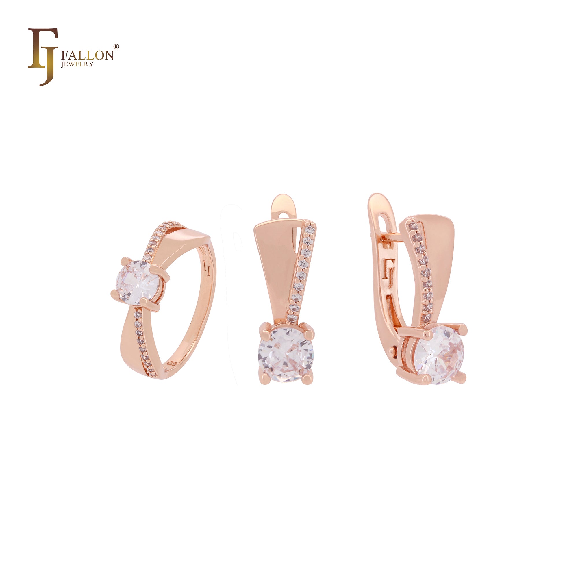 Conjunto de joias de ouro rosa com zircônias cúbicas brancas e pavê e anéis