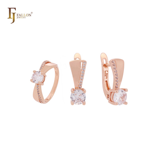 Solitaire and paved white CZs Rose Gold Jewelry Set with Rings