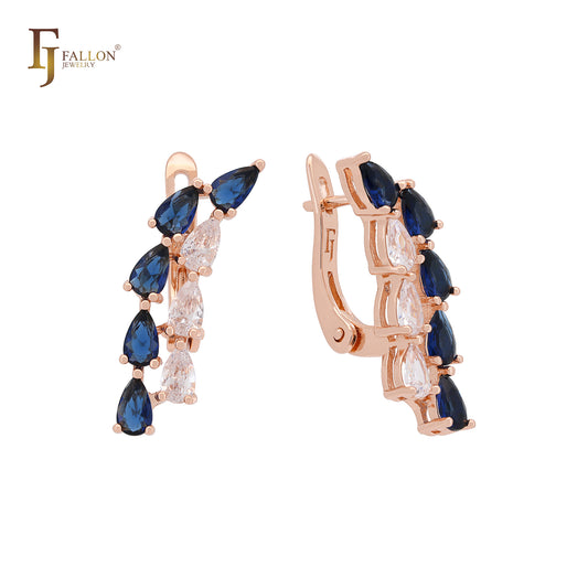 Double row mixed white Blue CZs Cluster Russian Lock Earrings
