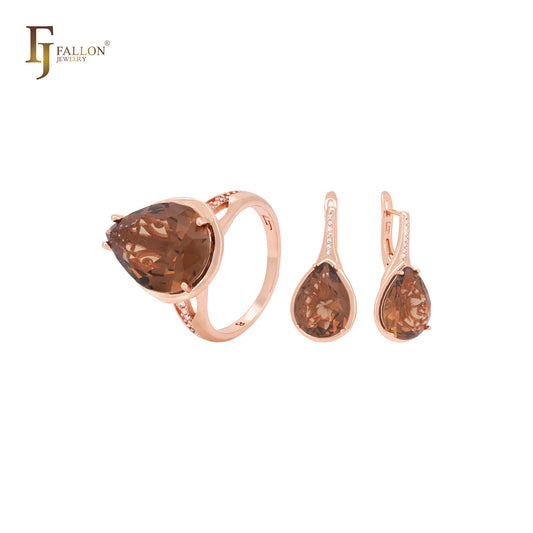 Conjunto de joias de ouro rosa com zircônia cúbica e anéis em formato de pera grande