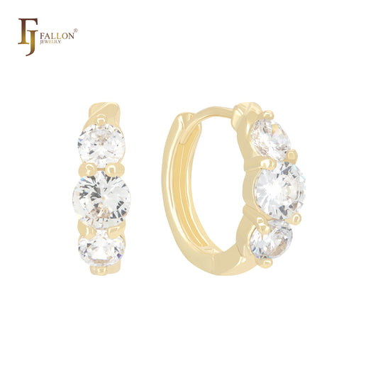 三颗白色圆形 CZ 14K 金耳环 Huggies