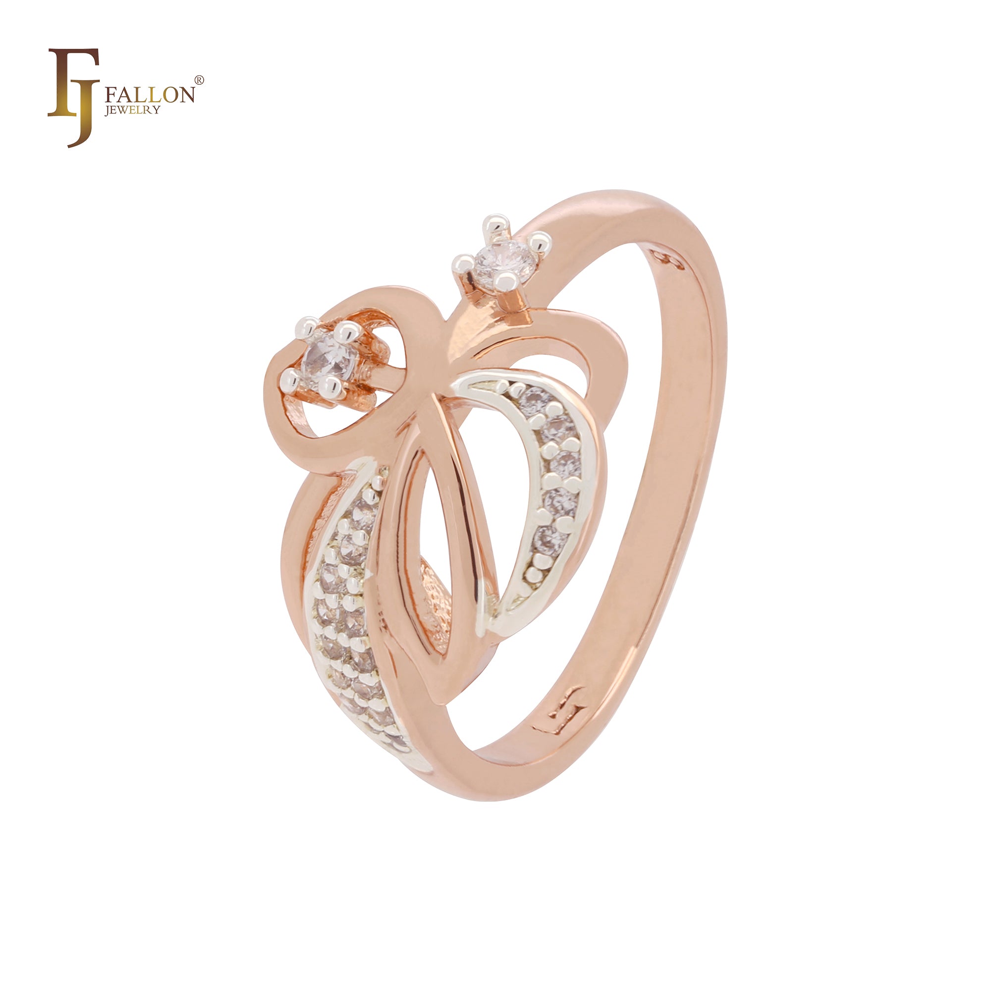 Anillos de moda de dos tonos en oro rosa con flores y hojas de circonitas blancas