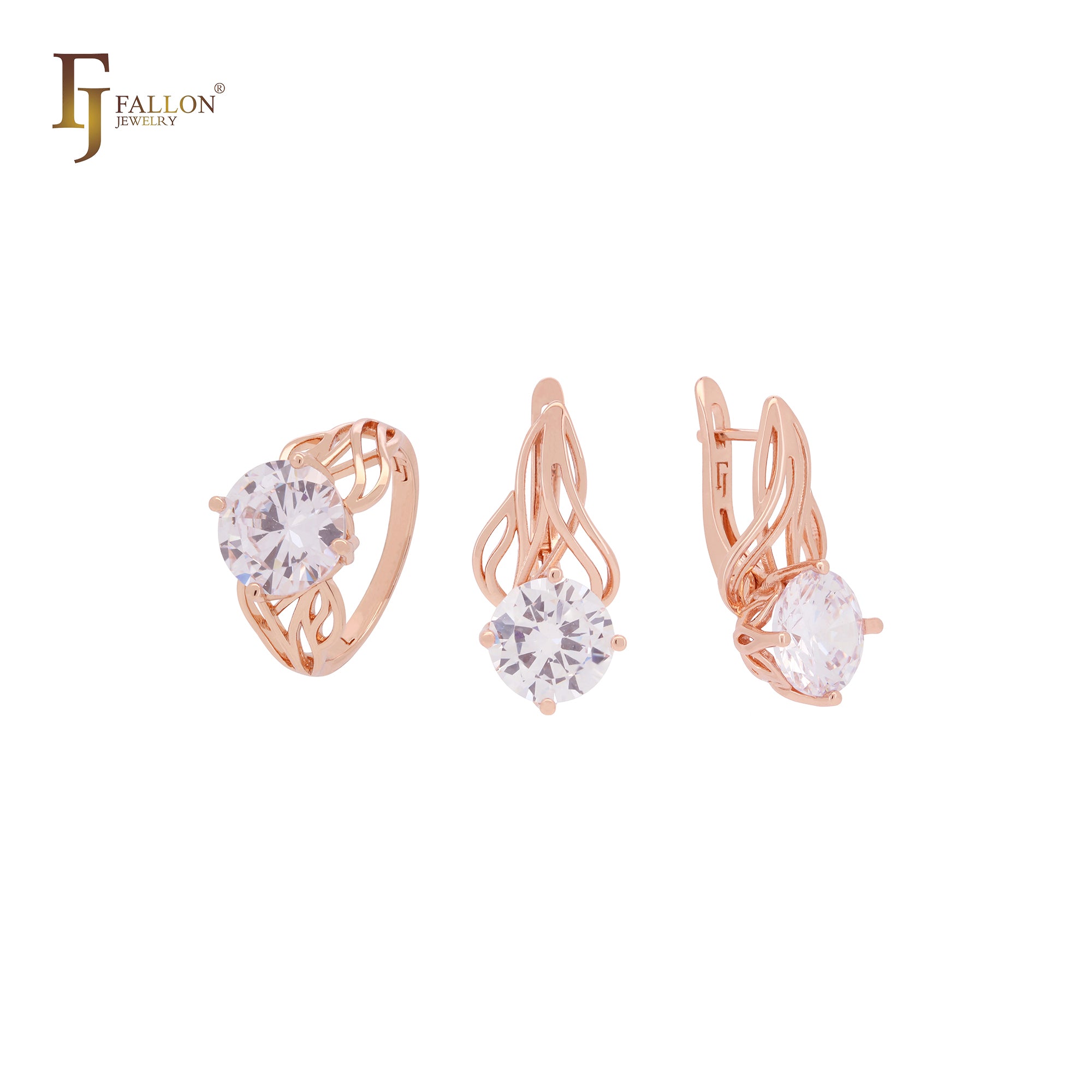 Tausend Reihen von Zweigen, großer Solitär, abgerundet, weißer Zirkonia, Roségold, Schmuckset mit Ringen
