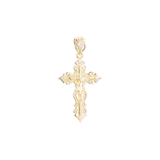 ローズゴールドと 14K ゴールドメッキカラーのカトリッククロスつぼみペンダント