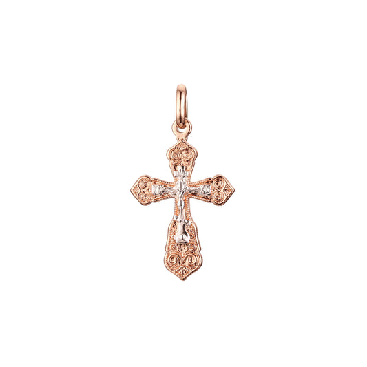 Pingente de cruz ortodoxa em ouro rosa de dois tons, cores banhadas a ouro 14K
