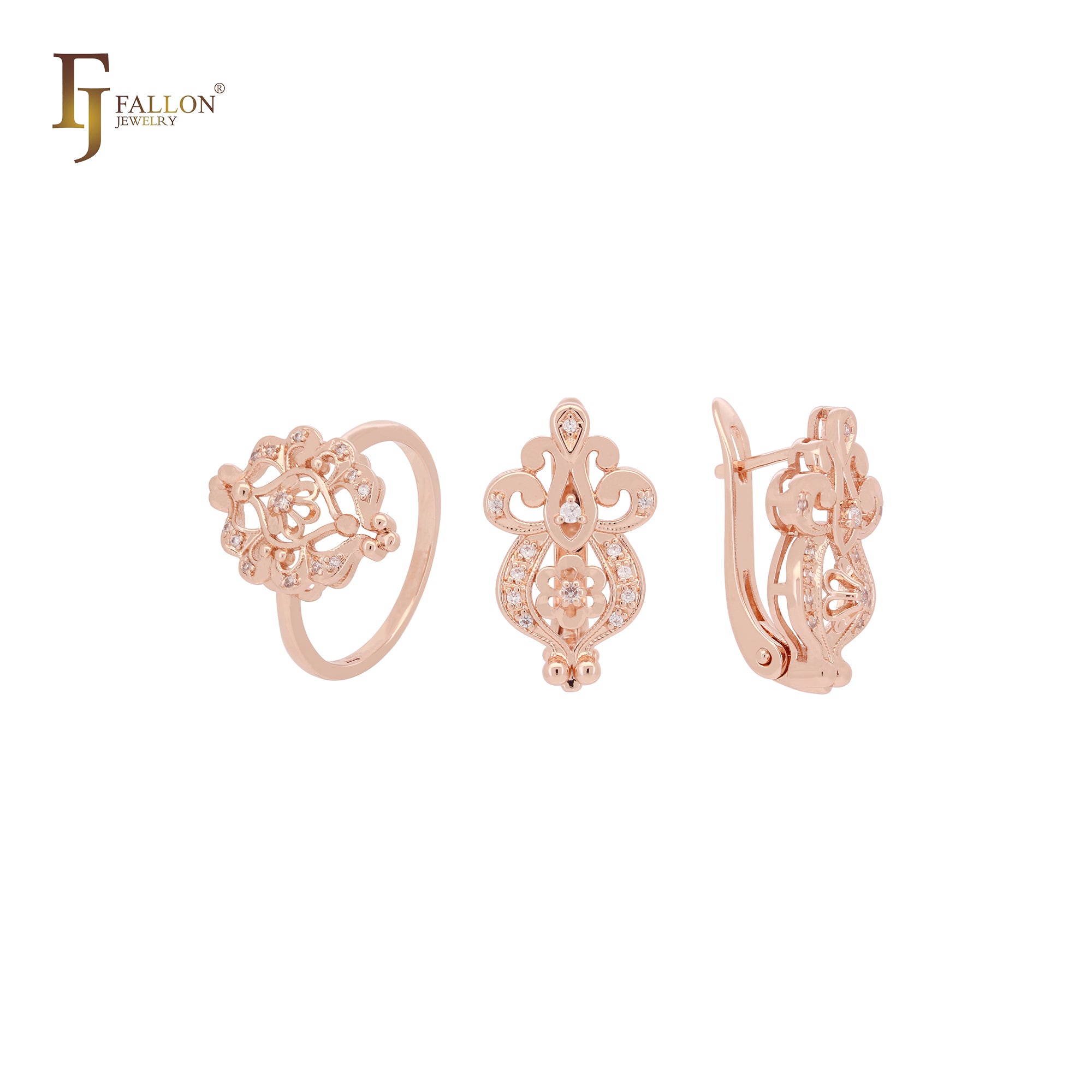 Filigranes Cluster weißer Zirkonia 14 Karat Gold, Roségold-Schmuckset mit Ringen