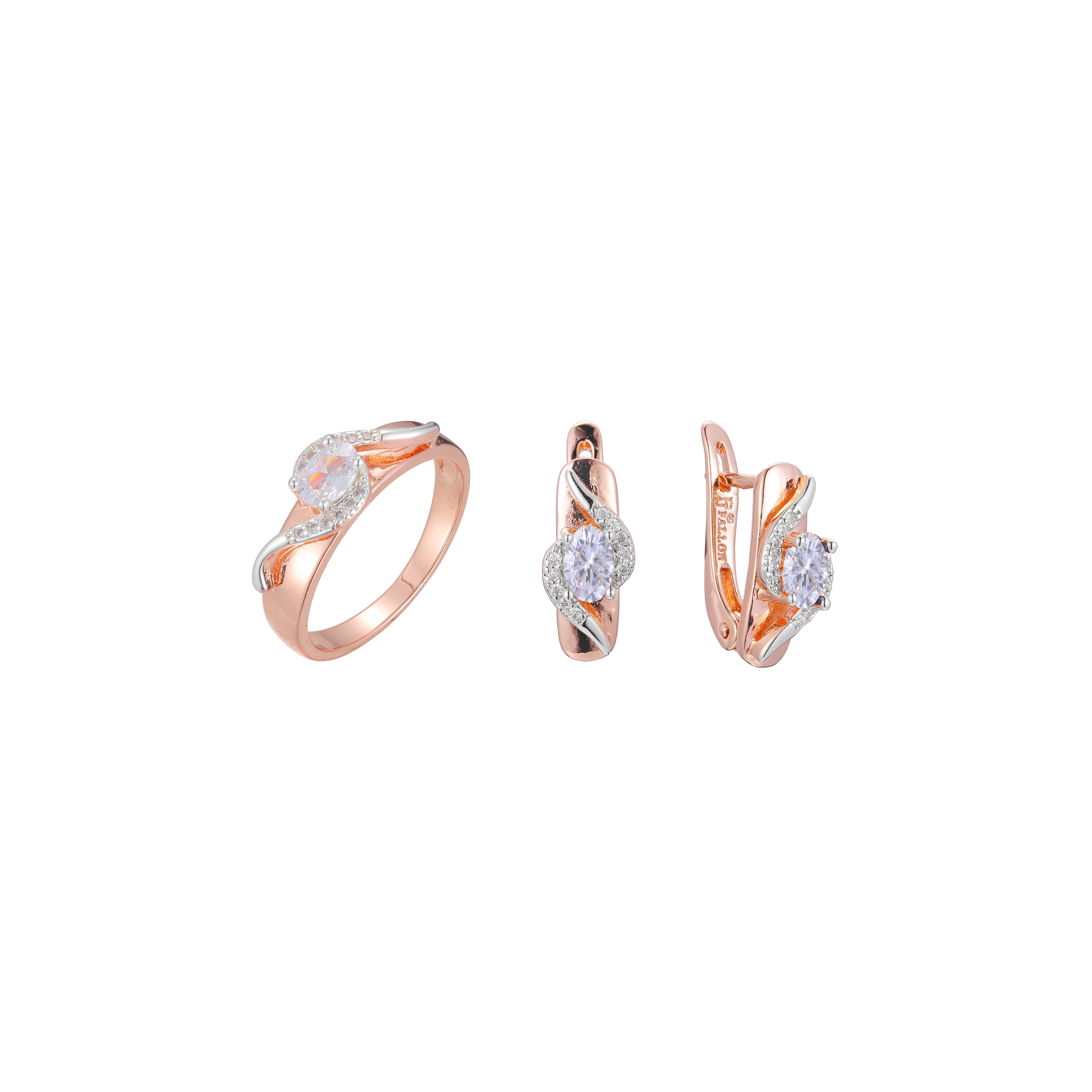 Solitario de dos tonos de oro rosa con piedra blanca engastada con adoquines