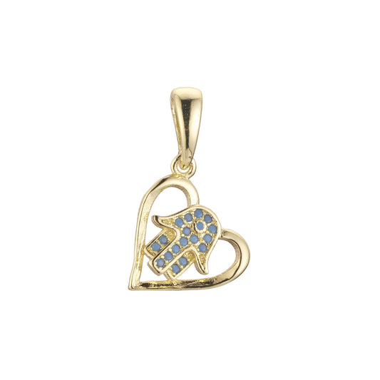 Подвеска Hamsa в сердечке из золота 14 карат с бирюзой