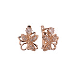 Brincos solitários de zircônia cúbica em ouro rosa com flor e folhas