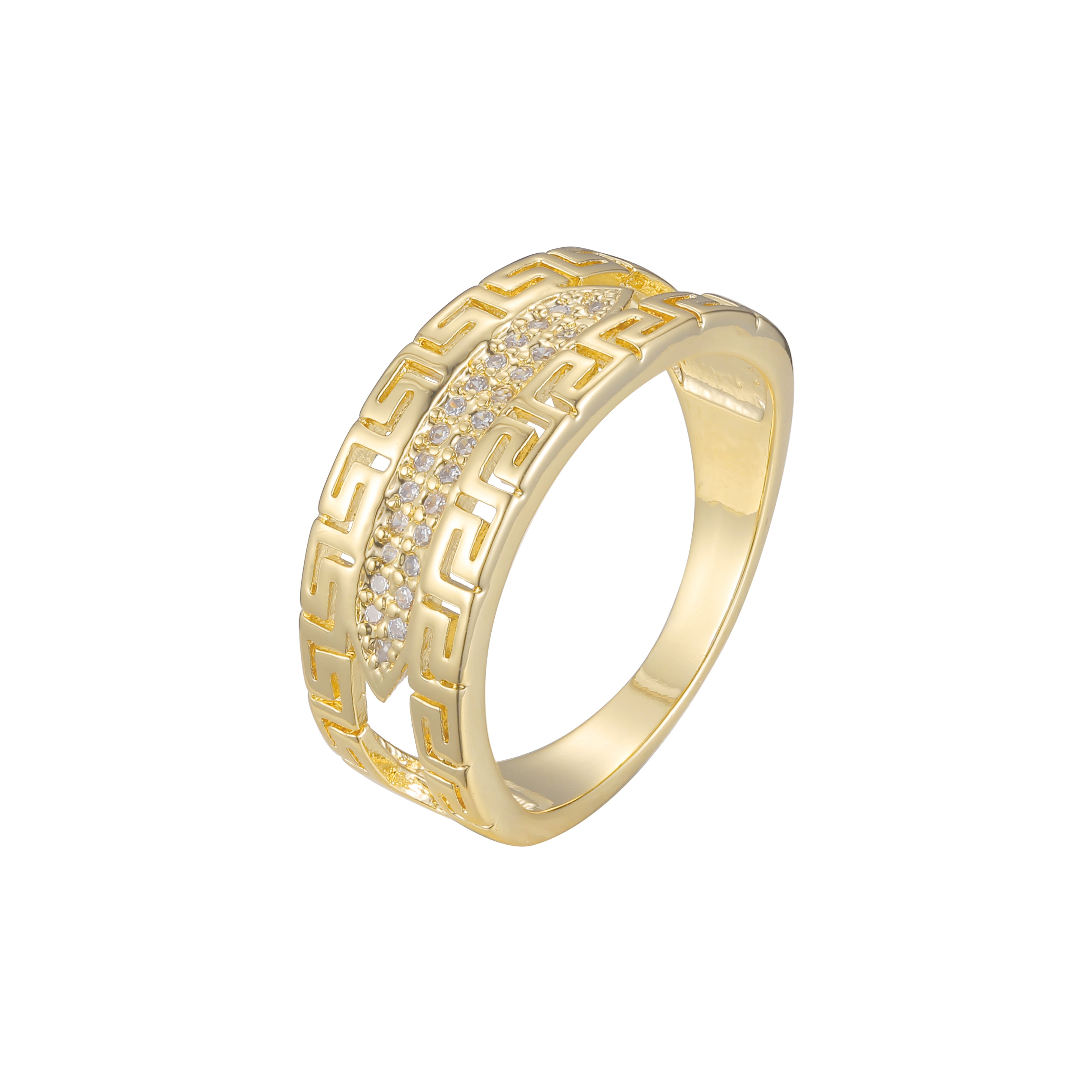 Anéis de ouro 14K com zircônias cúbicas brancas e pavê de chave grega