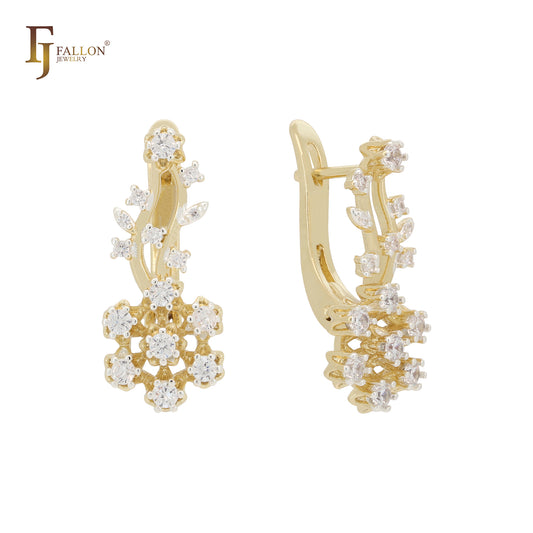 Cluster white Flower CZs 14K Gold two tone earrings