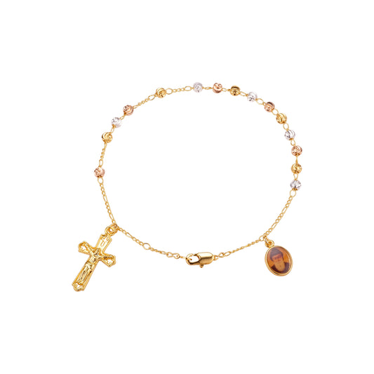 Saint Charbel Sharbel Makhlouf Monk 18K ゴールド スリートーン ロザリオ ブレスレット