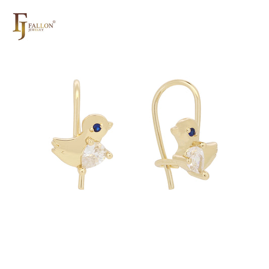 Brincos de gancho de arame para criança, solitário de passarinho, ouro 14K, ouro rosa e ouro branco
