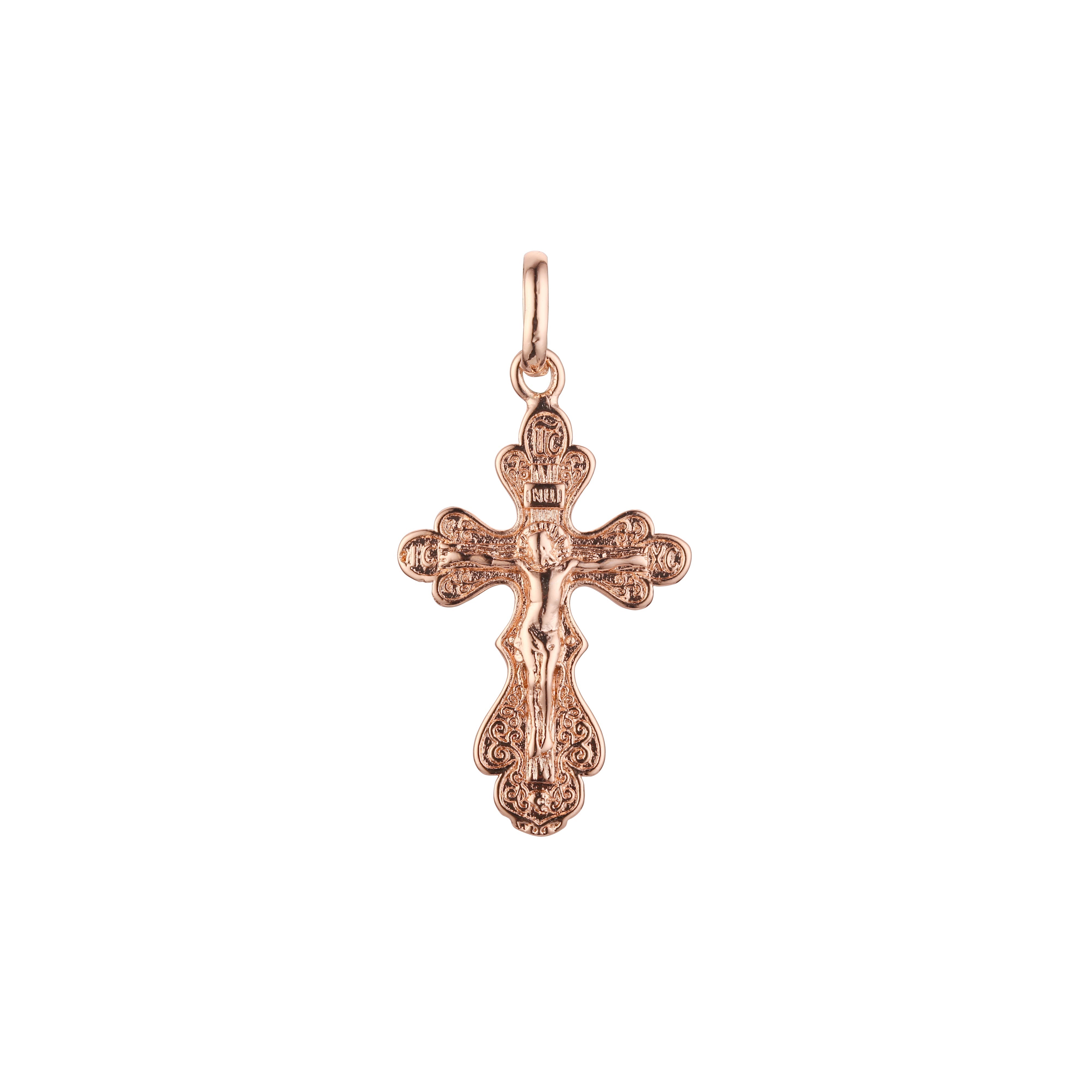 14K ゴールド、ローズゴールド、ホワイトゴールドメッキカラーのカトリッククロスつぼみペンダント