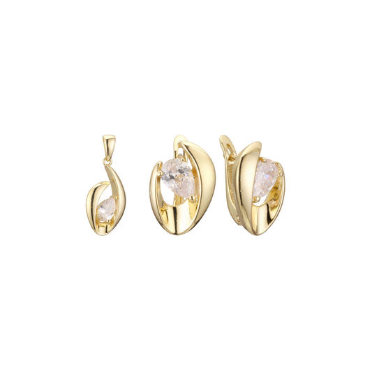 Conjunto de joias com pingente de ouro 14K pedra Solitaire lágrima