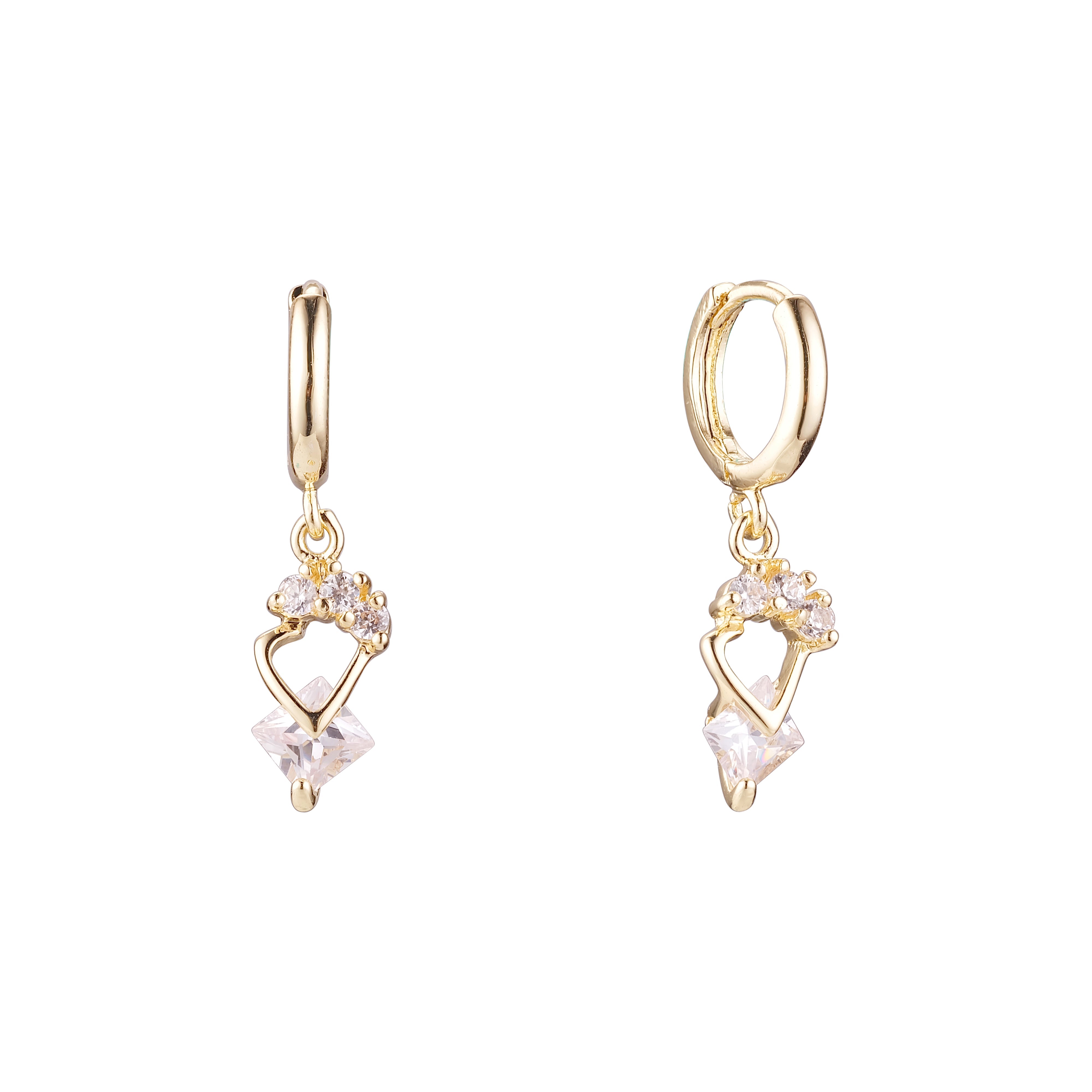 Rhombus white CZ 14k gold drop huggie earrings
