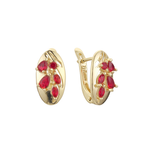 Four red stones cluster earrings in 14K Gold, Rose Gold plating colors