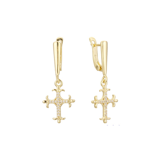 Russian Orthodox Cross cluster Russian Lock Drop Dangle 14K Gold, Rose Gold Earrings