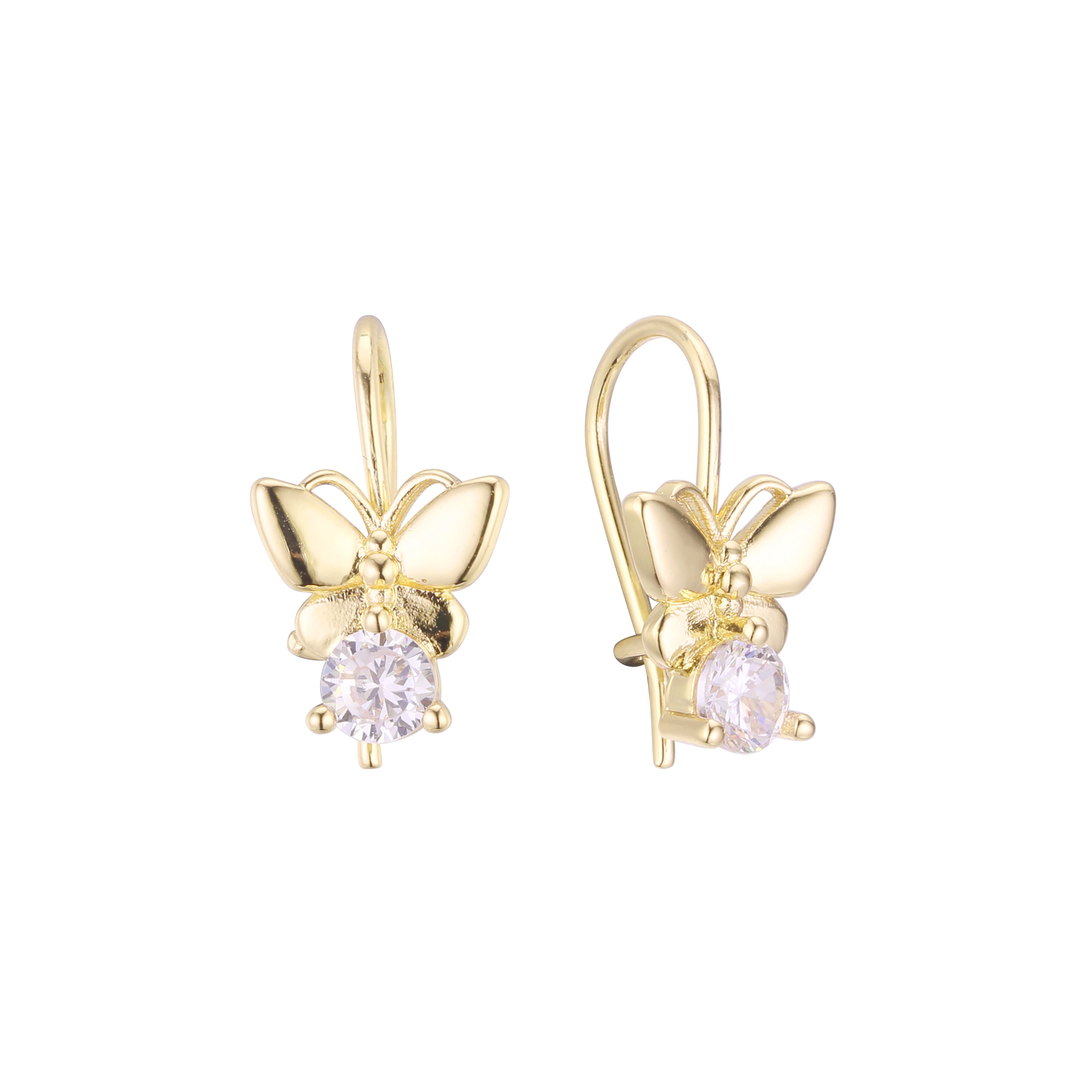 Brincos infantis de gancho de arame solitário borboleta em ouro 14K, cores folheadas a ouro rosa