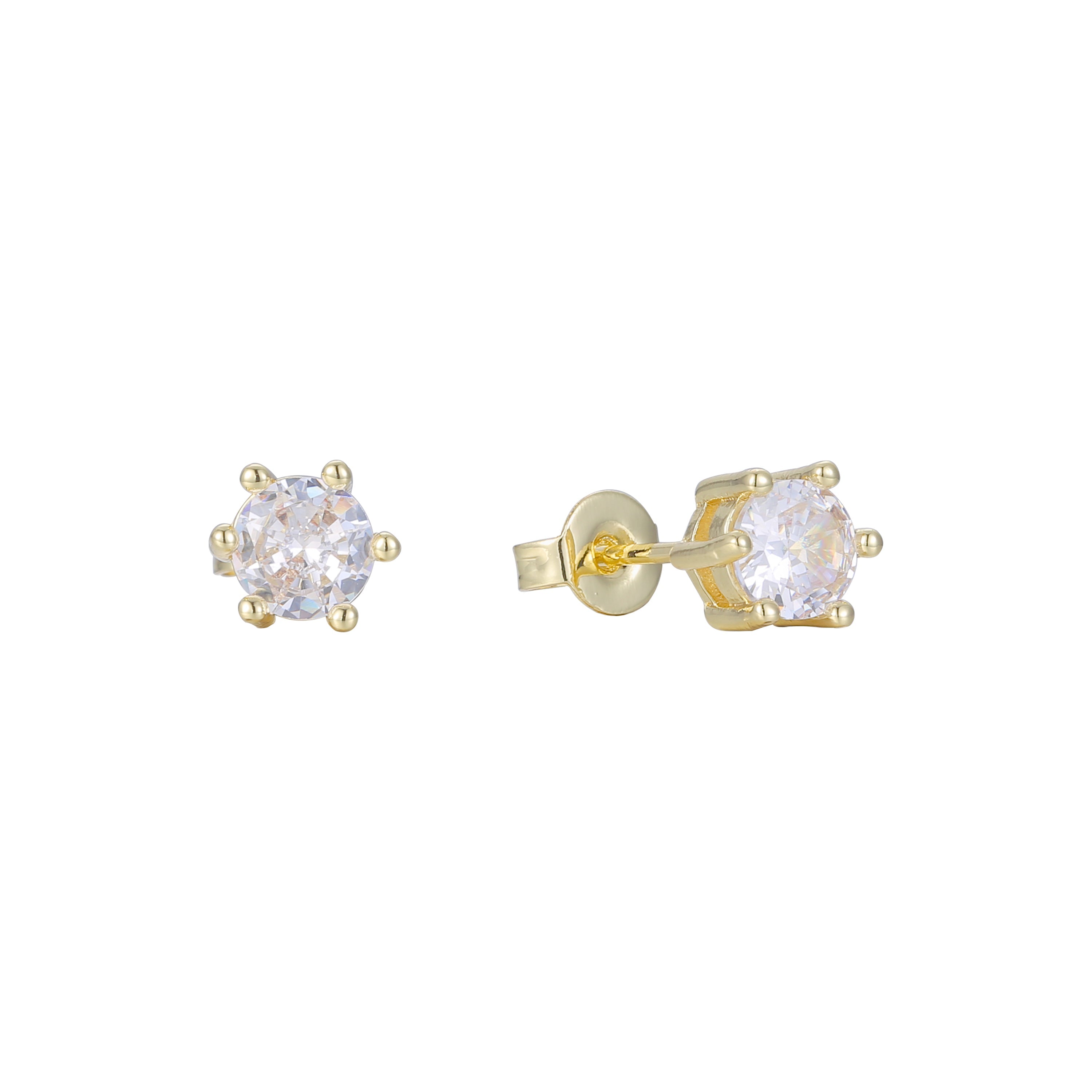 Solitaire 6 claws white cz 14K Gold Stud Earrings