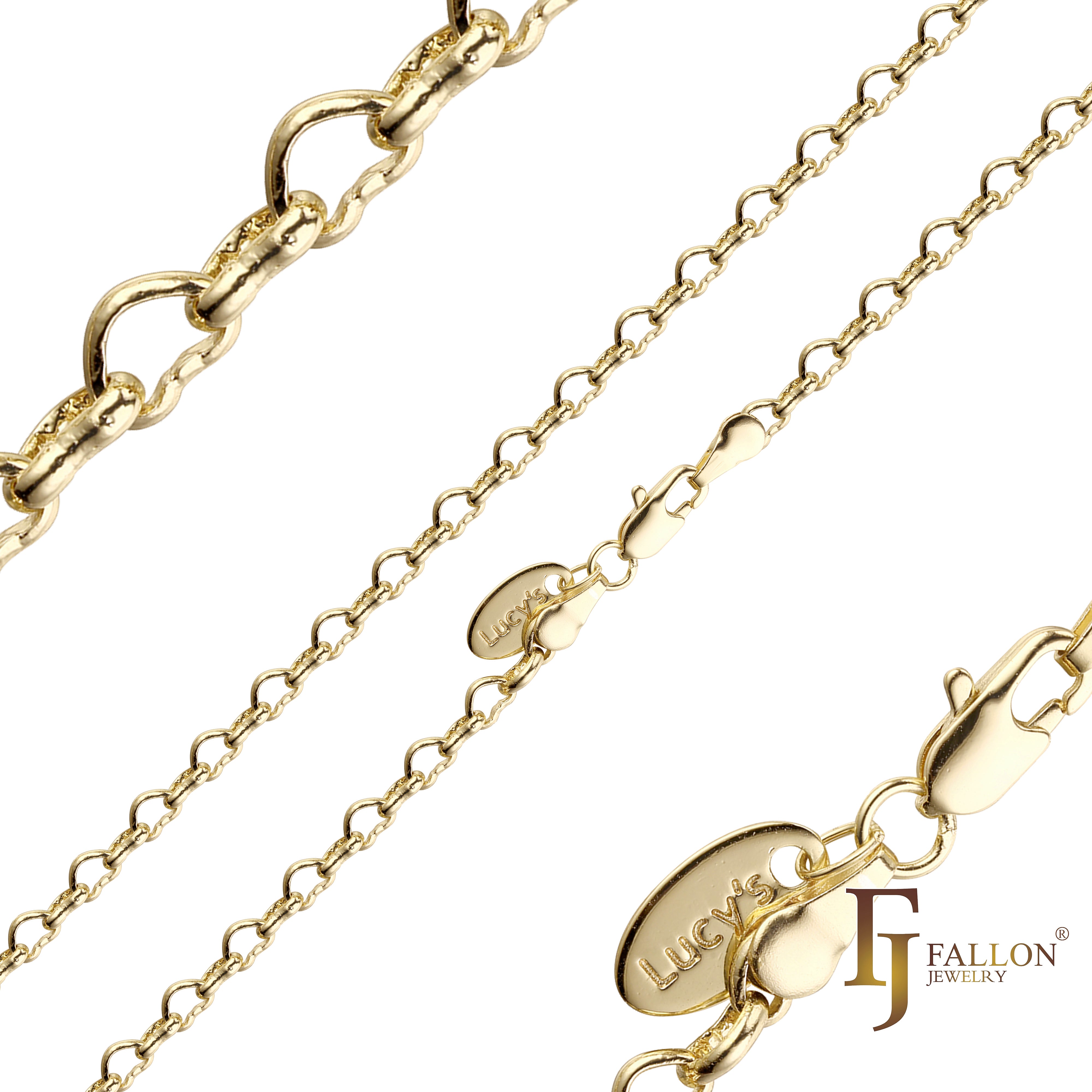 Heart fancy cable link chains plated in 14K Gold, Rose Gold