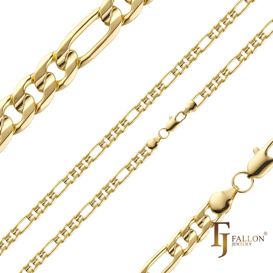 Figaro 链节中心凹槽锤打 14K 金、玫瑰金双色链条