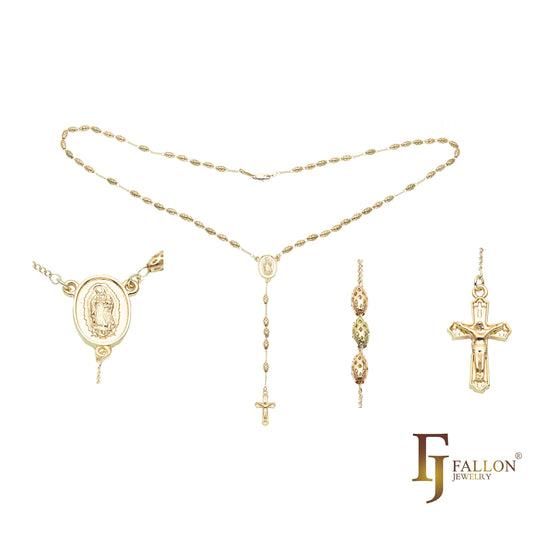 Colar italiano Virgem de Guadalupe Rosário Católico banhado em ouro branco, ouro 14K em dois tons