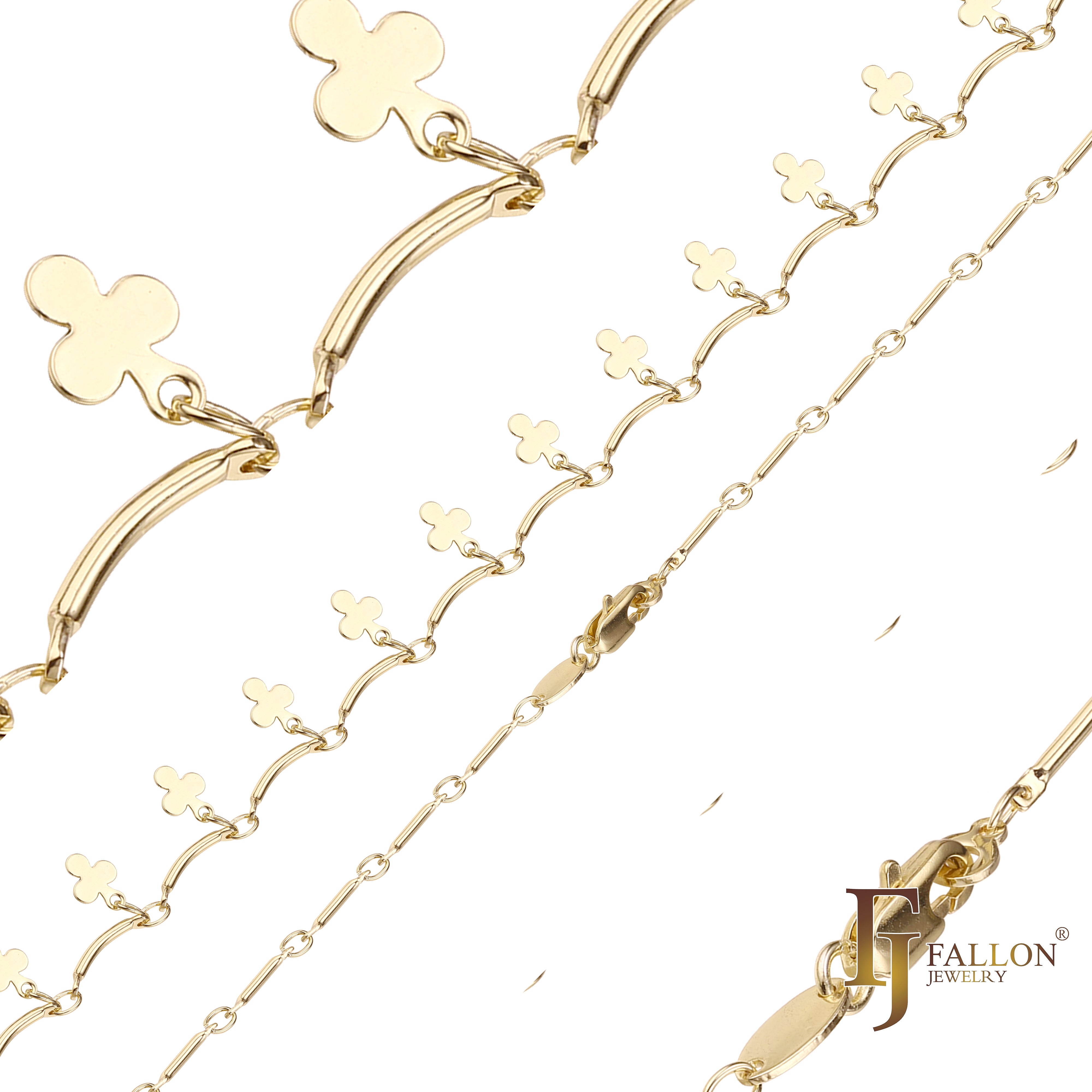 Fancy bar and clover link chains plated in 14K Gold, Rose Gold