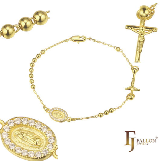 Colar italiano Virgem de Guadalupe Rosário Católico banhado a ouro branco, ouro 14K