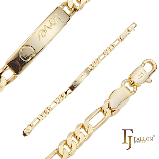 Figaro link 男式 ID 手链，镀 14K 金爱心和心形
