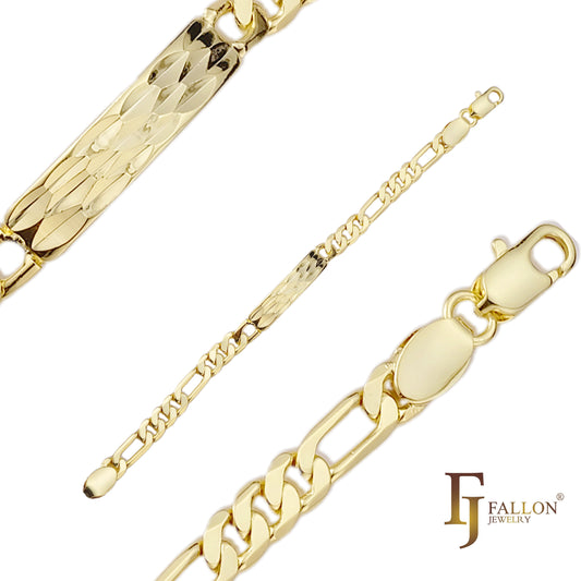 ラウンド フィガロ リンク メンズ ID ブレスレット、14K ゴールドメッキ
