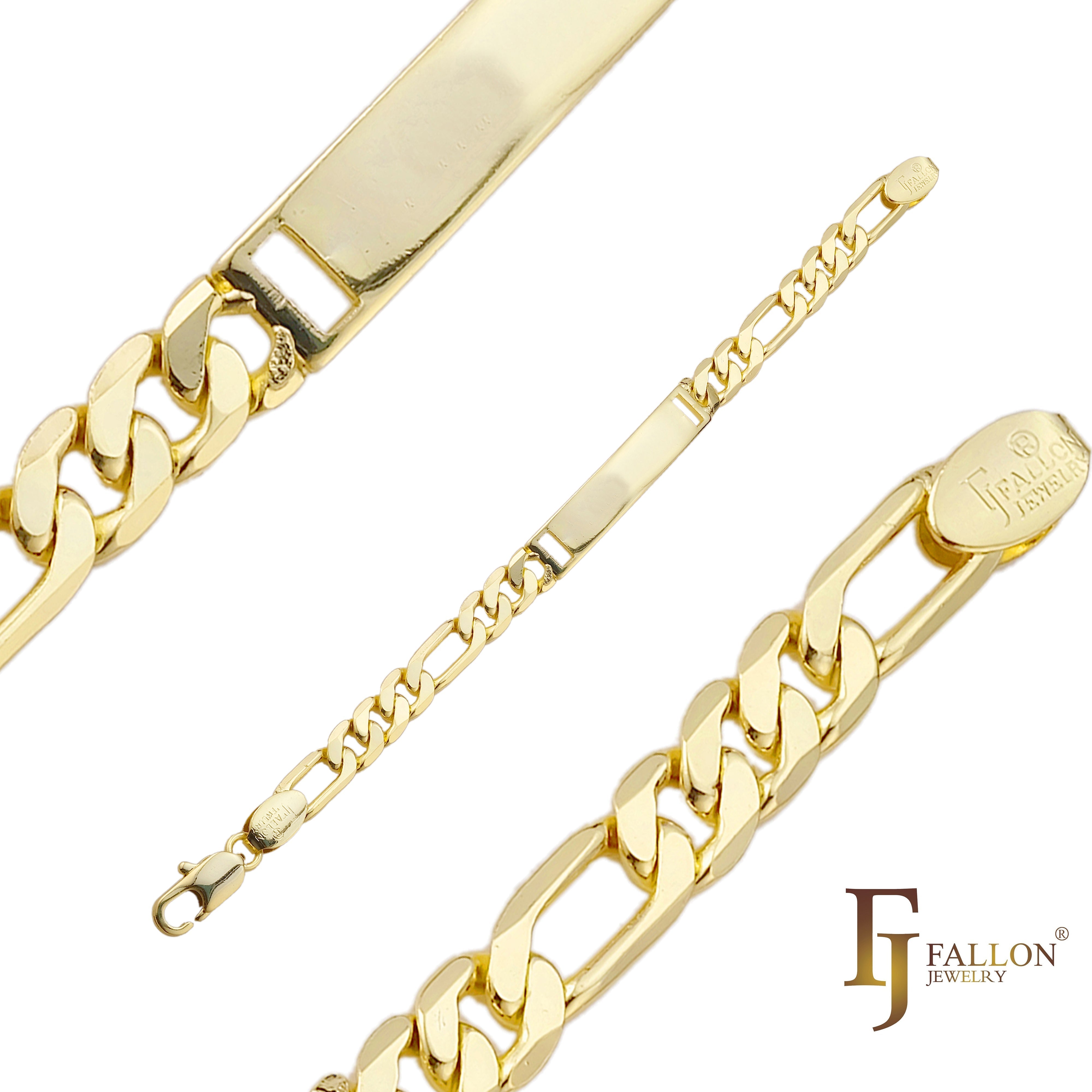 .フィガロ リンク彫刻可能な光沢のある 14K ゴールドのメンズ ID ブレスレット