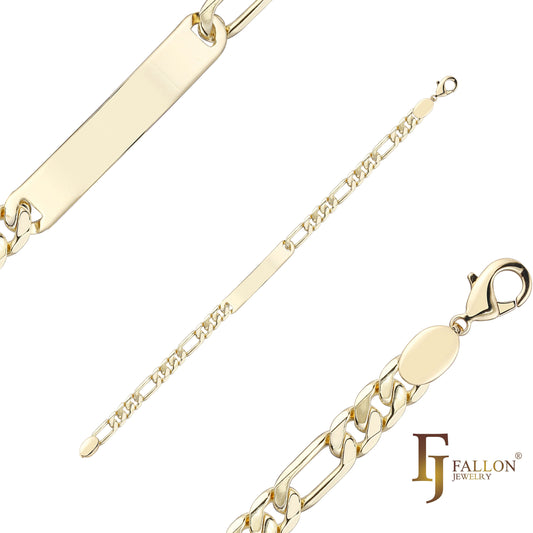 精美抛光 Figaro link 男式 ID 手链，镀 14K 金颜色