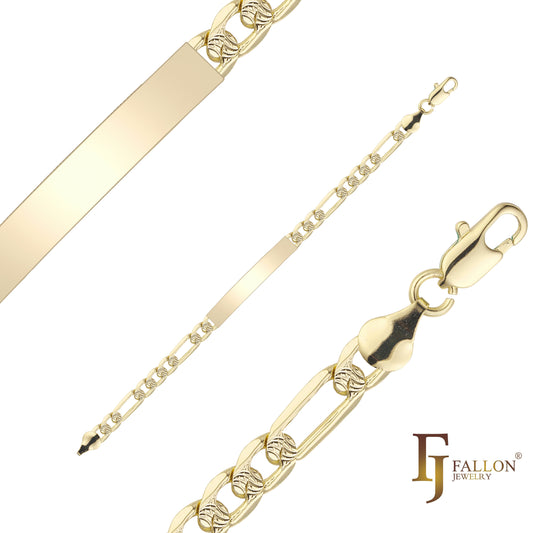 Figaro link 波纹锤打 14K 金可雕刻男士 ID 手链
