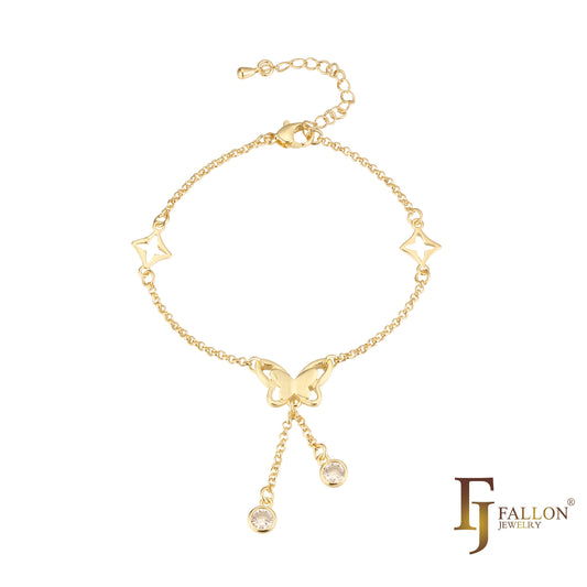 Butterfly and stars bracelets plated in 14K Gold, 18K Gold, Rose Gold, two tone colors