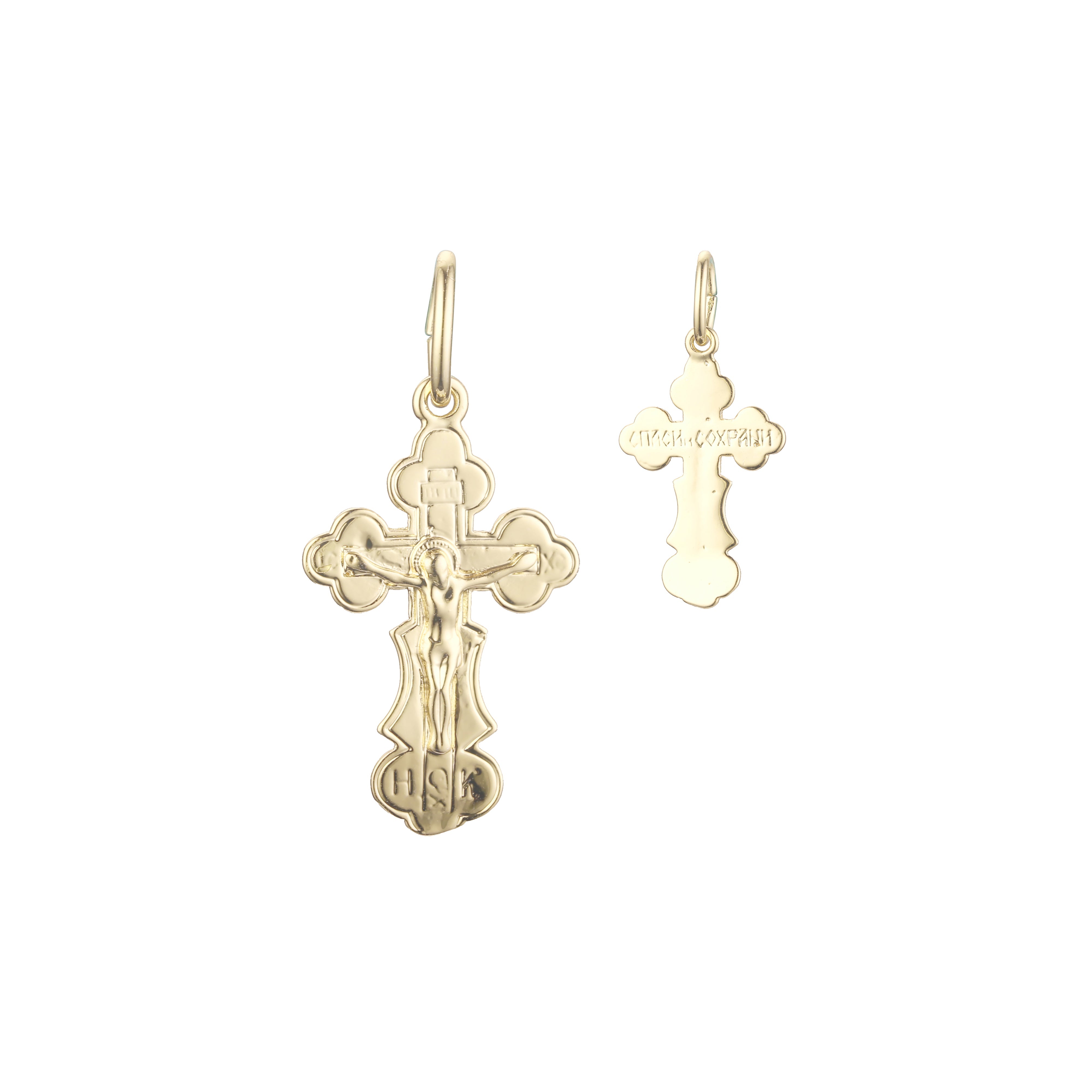 14K ゴールド、ローズゴールド、ホワイトゴールドメッキカラーのカトリッククロスつぼみペンダント