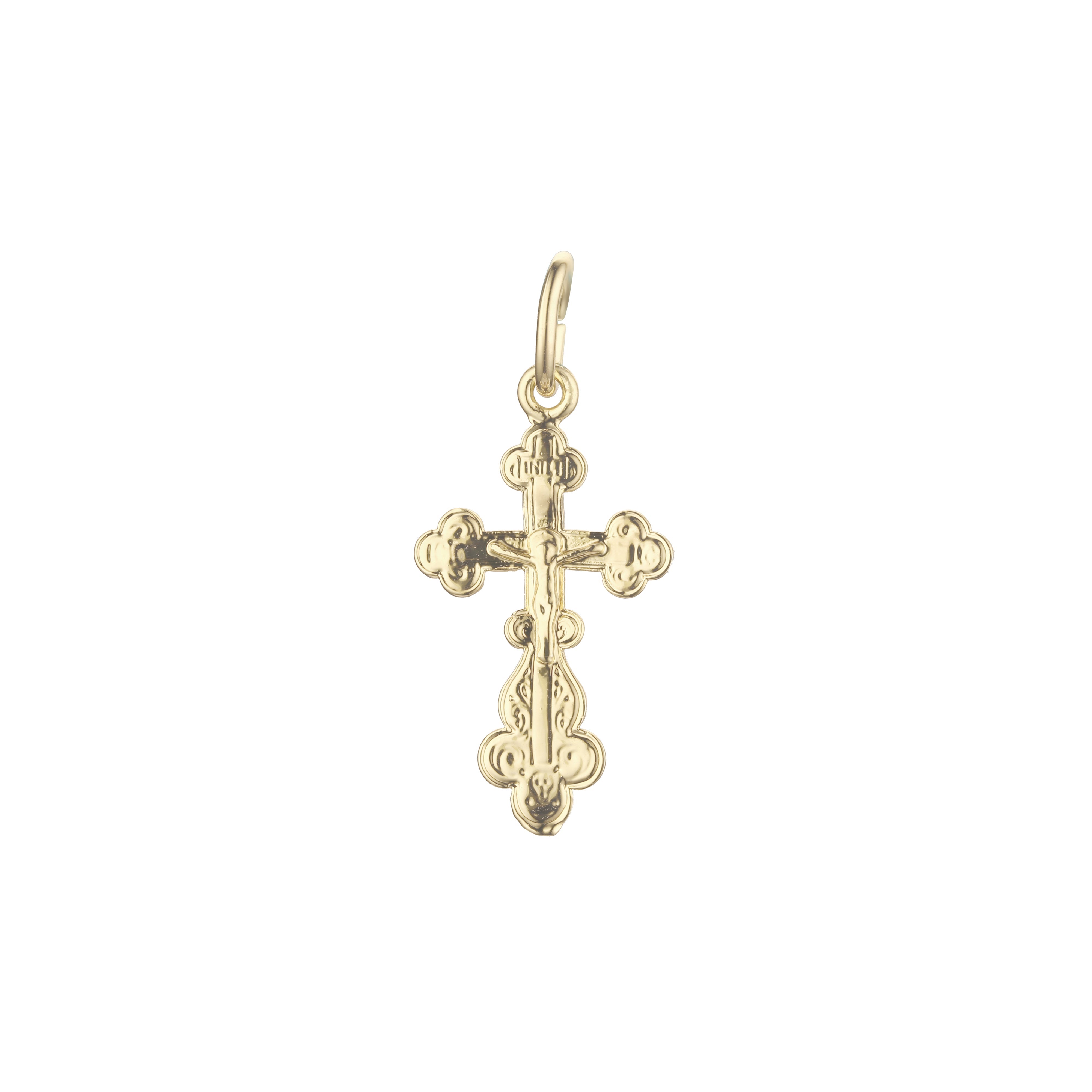 14K ゴールド、ローズゴールド、ホワイトゴールドメッキカラーのカトリッククロスつぼみペンダント