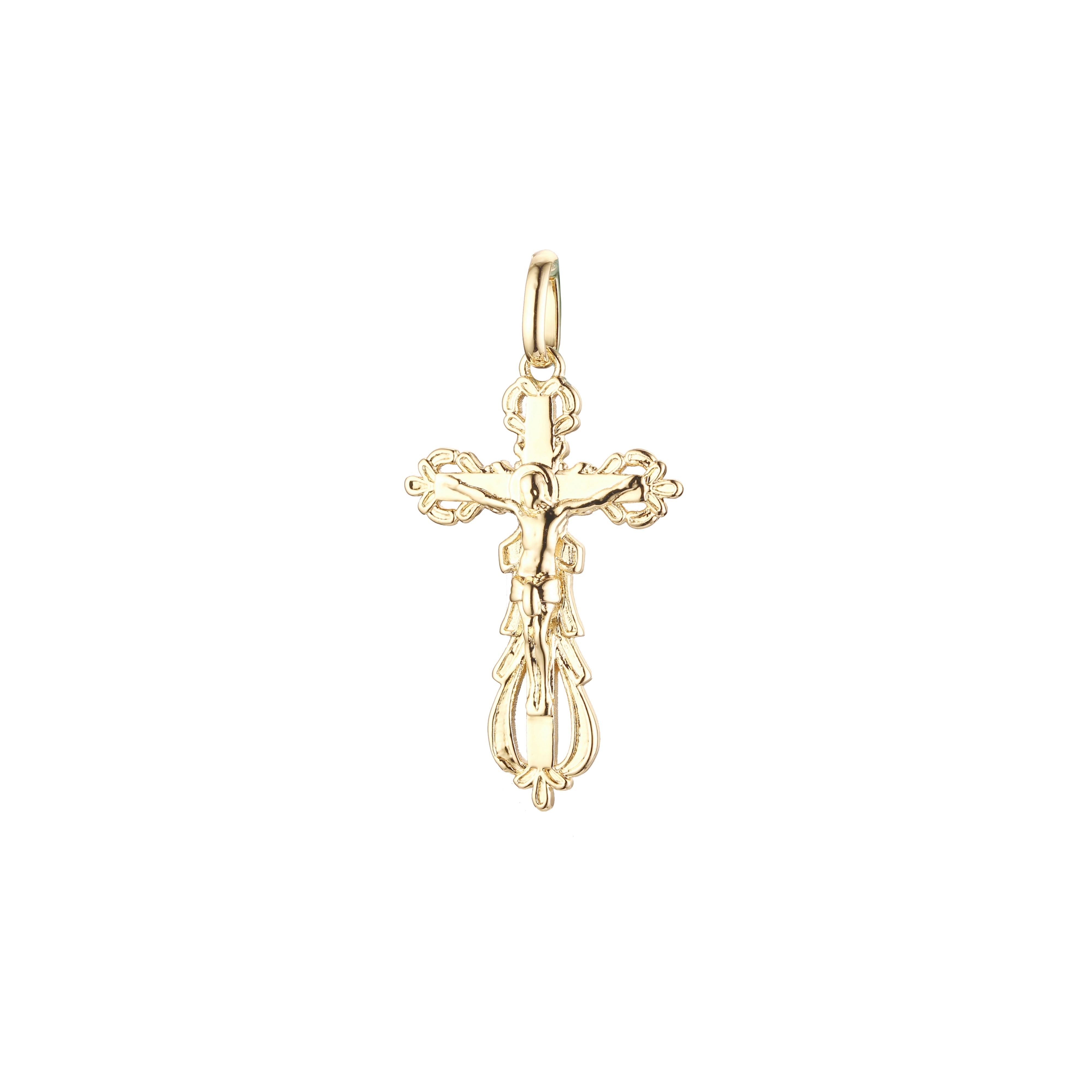 Pingente de cruz católica em ouro 14K, ouro rosa e ouro branco