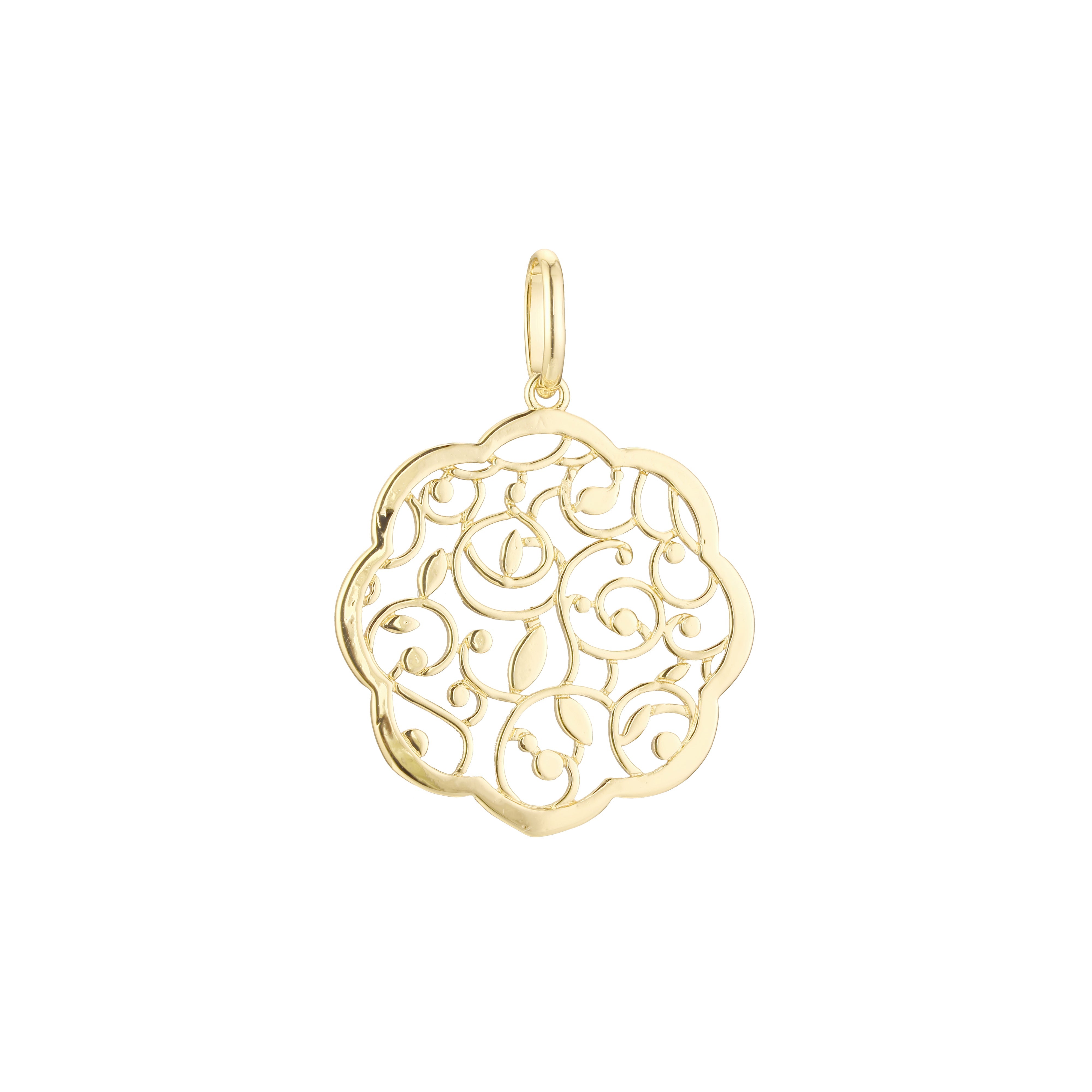 Pingente de filigrana de flores e folhas em ouro rosa, cores banhadas a ouro 14K