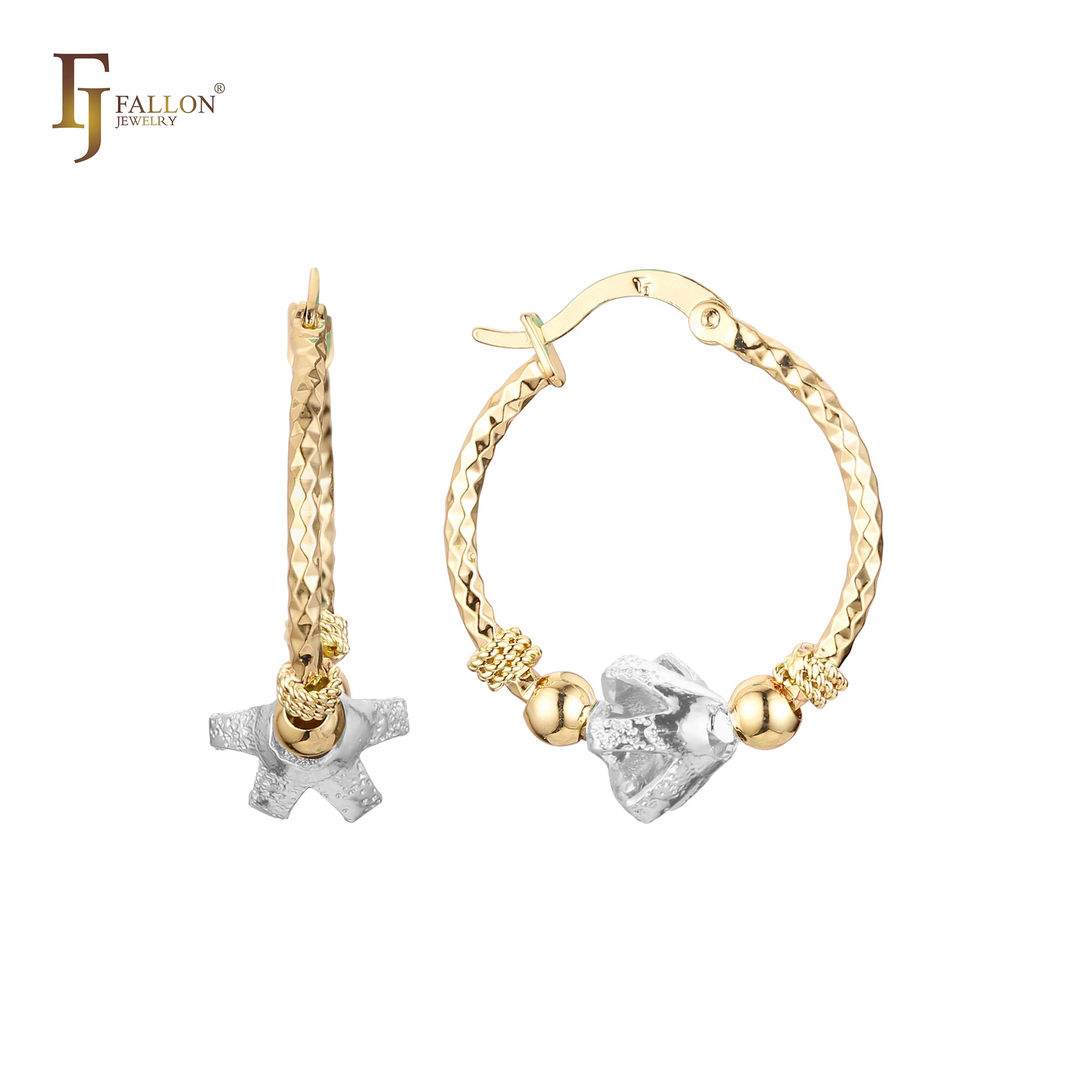 Star Beads 14K Gold, Rose Gold two tone Hoop Earrings