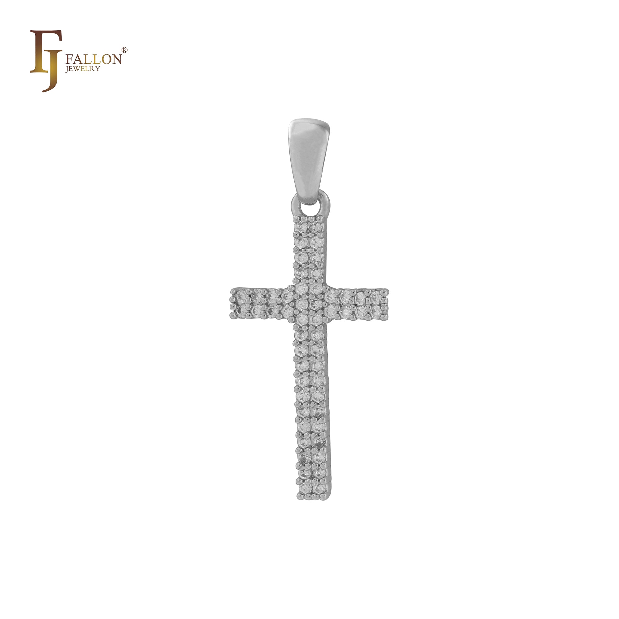 Pingente de cruz em ouro 14K CZs branco cluster latino