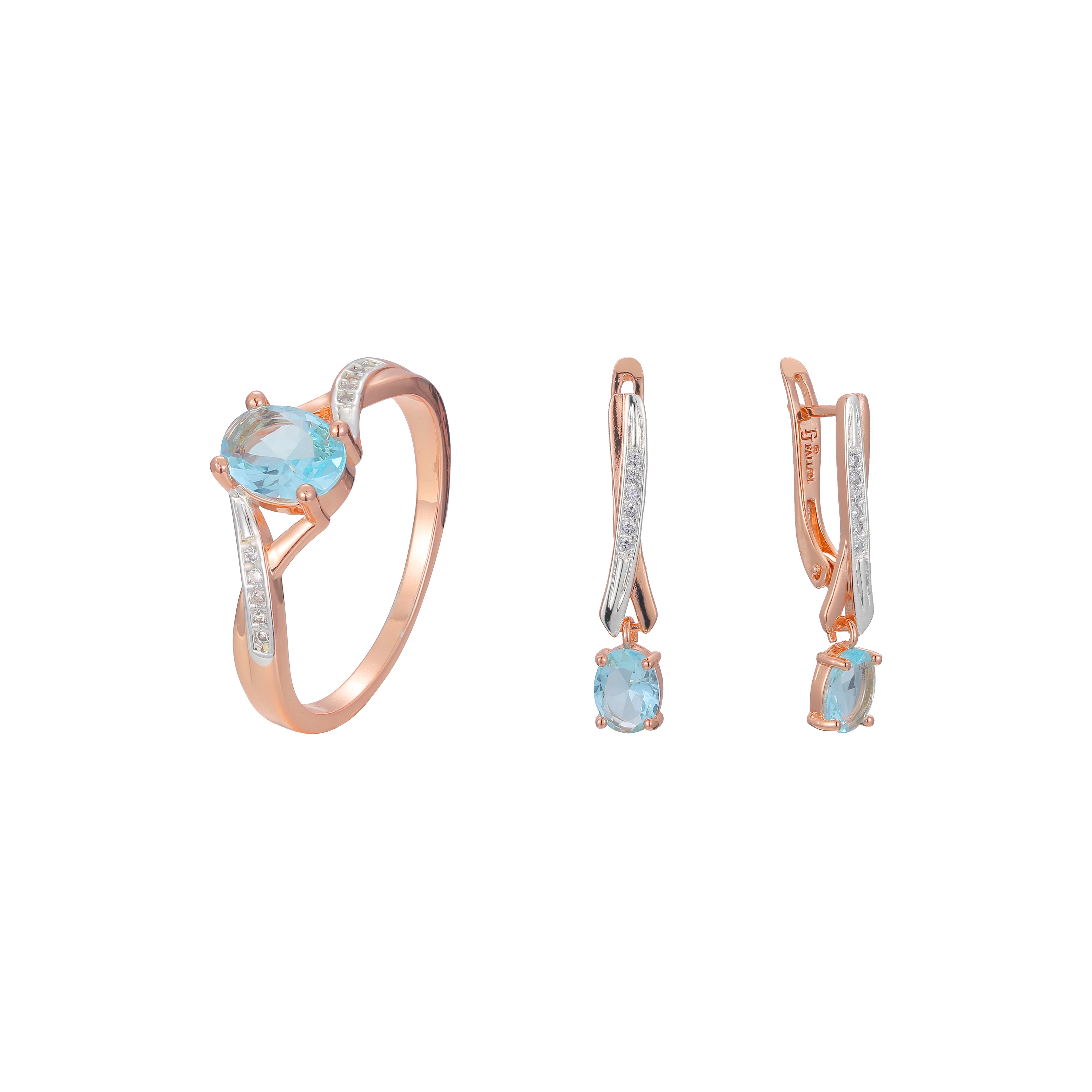 Solitaire lake azul CZ Rose Gold conjunto de joias anéis de dois tons