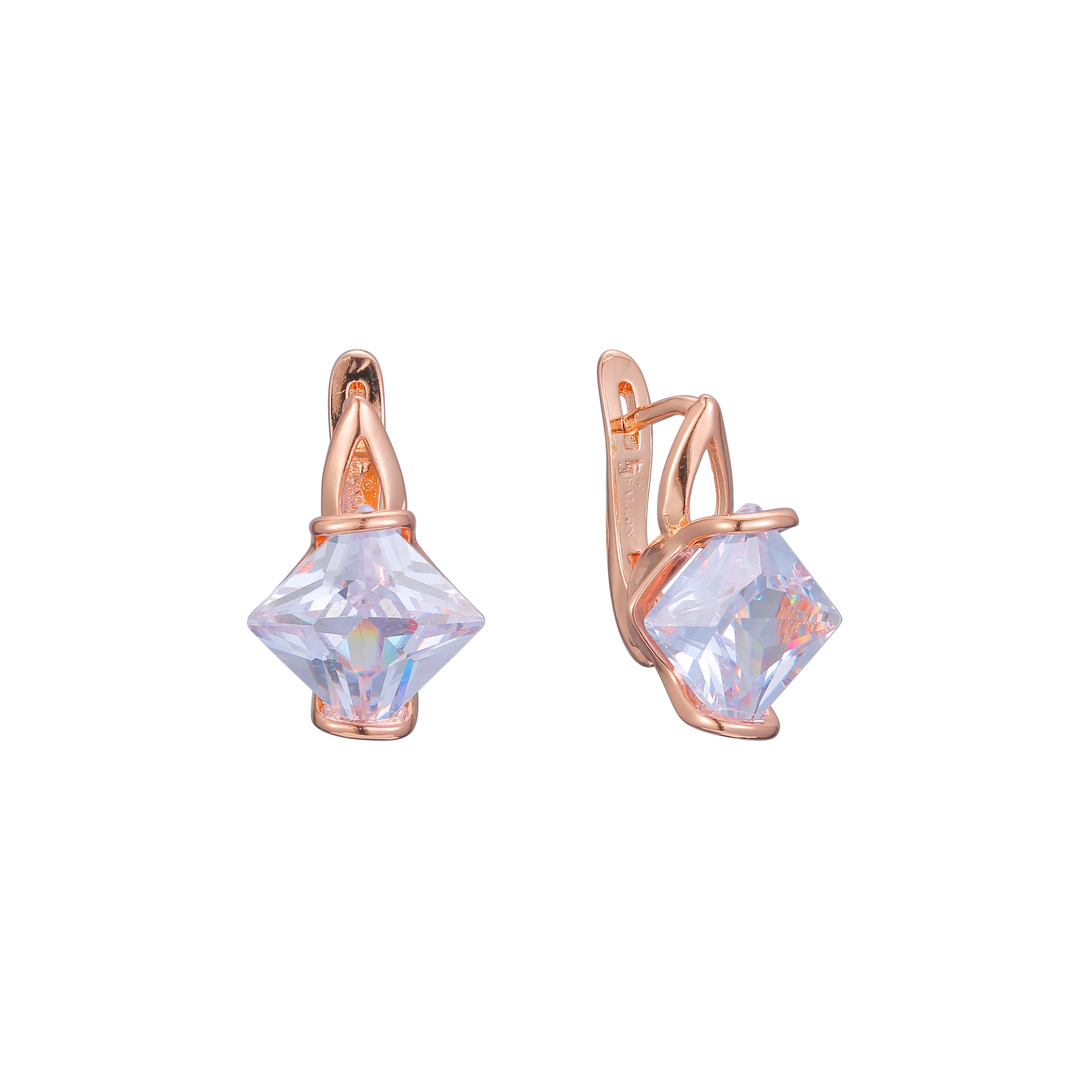 .ソリティア エメラルド カット CZ イヤリング、14K ゴールド、ローズゴールド メッキ カラー