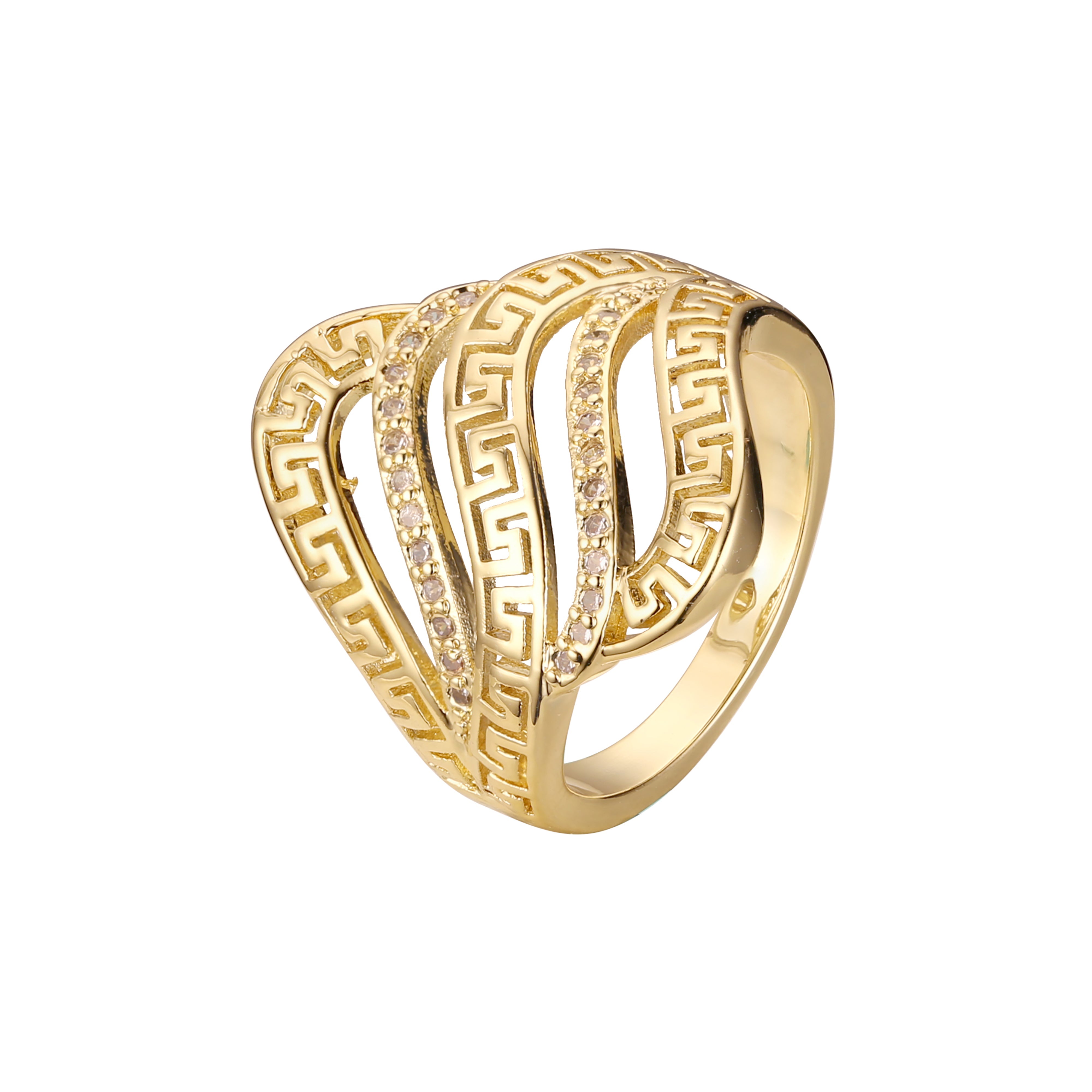 Anillos de oro de 14 quilates con circonitas blancas pavimentadas con llave griega