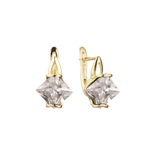 .ソリティア エメラルド カット CZ イヤリング、14K ゴールド、ローズゴールド メッキ カラー
