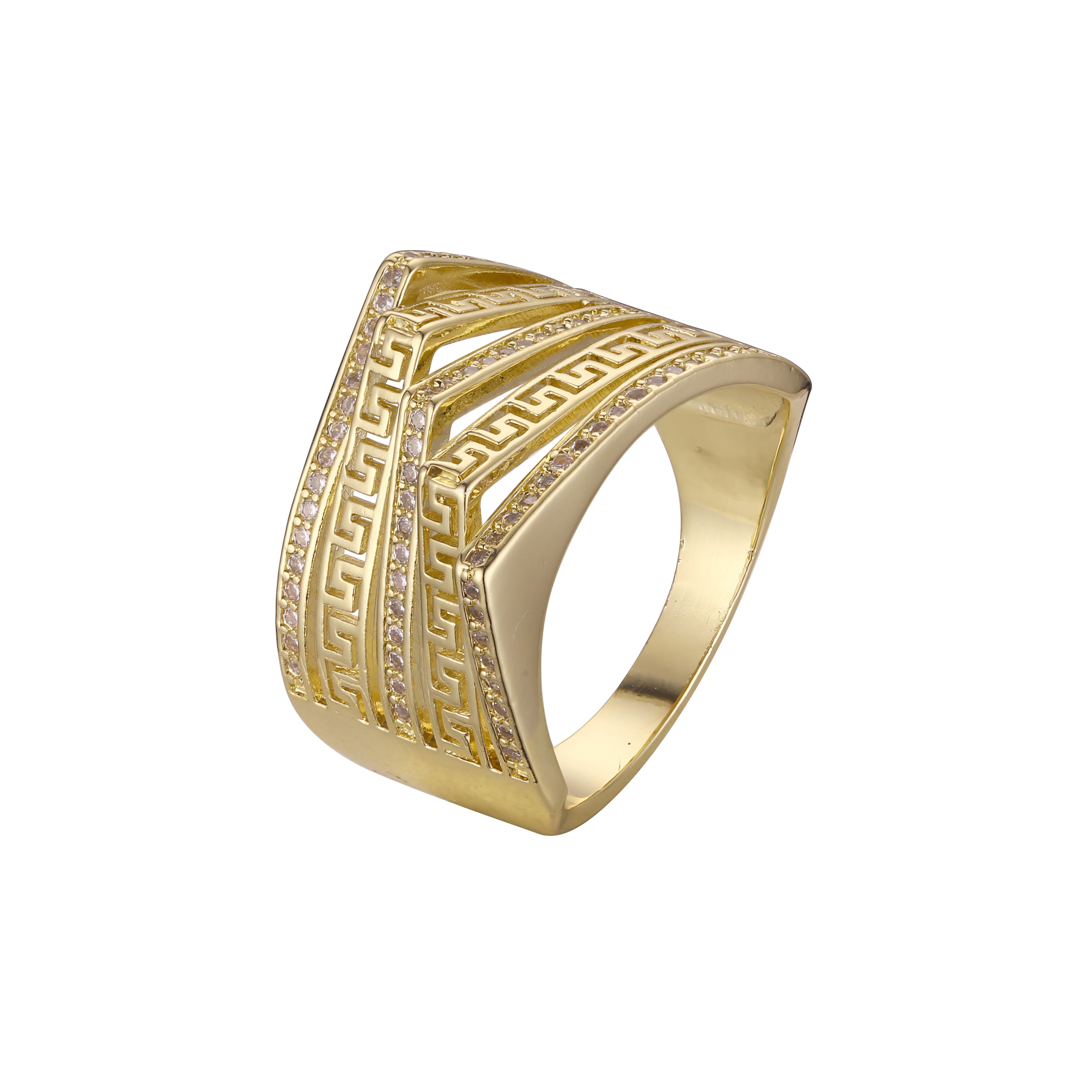 Anillos de oro de 14 quilates con circonitas blancas pavimentadas con llave griega geométrica